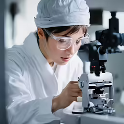 a girl in a laboratory looking through a microscope