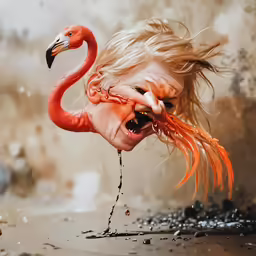 an image of a weird girl with a flamingo on her head