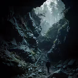there is a man walking in a dark, lit cave