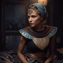 a girl wearing costume with elaborate details poses in a bed room