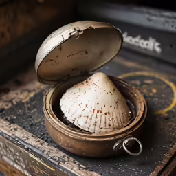 an old wooden box with a sea shell inside it