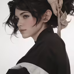 a woman with her hair tied in a bun