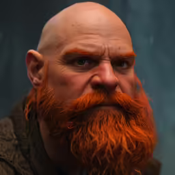 a close up of a bald man with orange hair and beard