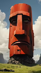 a red and orange sculpture is surrounded by rocks