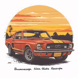 an old mustang mustang muscle is shown in a sunset