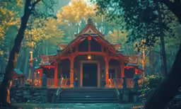 a beautiful pavilion in the middle of a forest