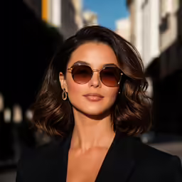 a woman in a suit and sunglasses
