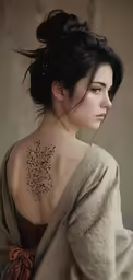 a woman has tattoo on her back with a design of leaves