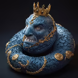 a plastic gorilla wearing a golden crown in blue