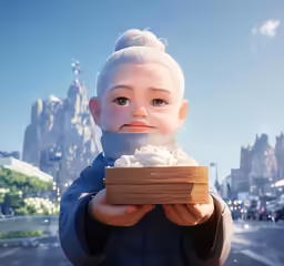 a doll is posed as a woman holding a block of ice cream
