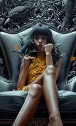 a woman sitting on a couch in a chair