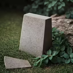 an outside cement monument sits on grass