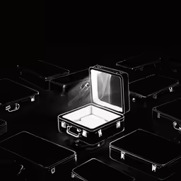 a set of black and white items on display with an light in the middle