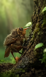there is a tiny bird that is climbing up the tree