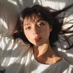 an asian woman laying down with her hair blowing in the wind
