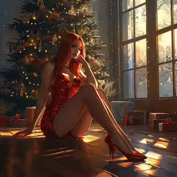 a girl dressed as a christmas elf is sitting on the floor by a tree,a woman in red sits on the floor beside a christmas tree