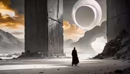 an image of a person standing in the distance with mountains and mountains behind them