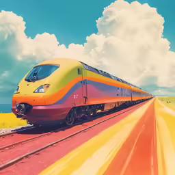the yellow train moves on the railroad track