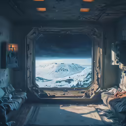 there is a view of a snowy mountain from the window