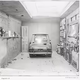 the car is parked in the small room with wood and a ceiling that has been stripped off