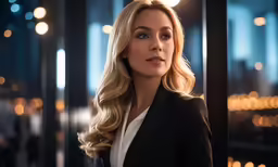 a blonde woman standing near a wall