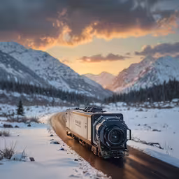 a long train travels on the snowy country road,a truck traveling on a snowy road during the day