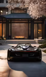 a black sports car sitting in front of a large building
