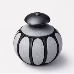there is a large black and white ceramic urn