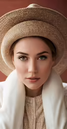 a girl with large hat and white scarf looking at the camera