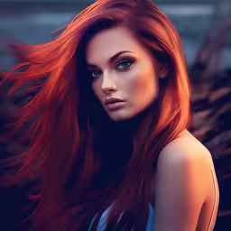 a woman with long red hair in a white shirt,a young woman with red hair and blue eyes