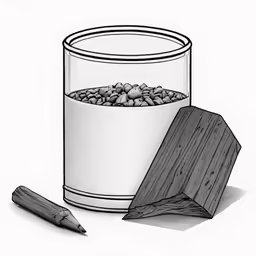 a pencil and a container of rocks, one on the ground