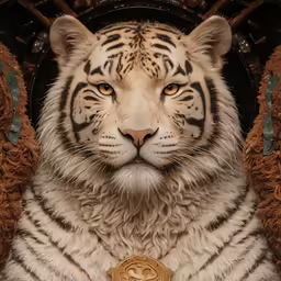 a white tiger sitting down with his eyes open