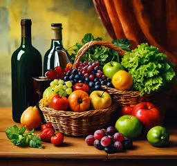 a still life scene with wine, fruit and flowers,an arrangement of fruit, vegetables, and wine on a wooden table