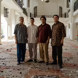 four men stand in the middle of a walkway