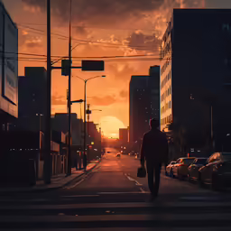 a person walking across an empty city street