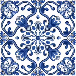 a blue and white design with stylized flowers and leaves