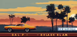an artistic painting of a classic car parked in front of the sunset,a colorful poster of a car in a tropical setting
