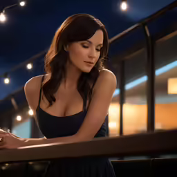 a young woman with long dark hair leaning on a railing looking down