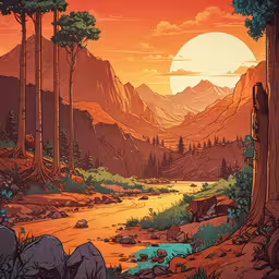 a landscape that looks like an animated painting,the sun shines brightly through the clouds in a colorful landscape