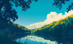 trees and water under blue sky with clouds
