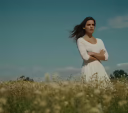 a woman is standing in the middle of a field