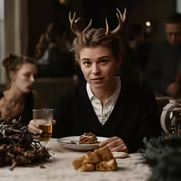 a woman is at a table with food and a drink