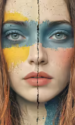 two women each have different face markings with different expressions