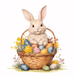 a watercolor painting of an easter bunny in a basket with eggs