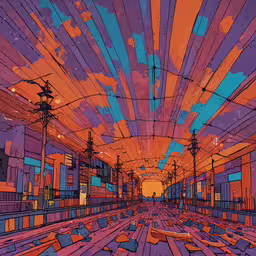 a very colorful picture of a purple and orange city,an illustration of a train station at sunset