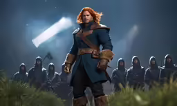 a red headed man in a costume with armor, sword and other people around him