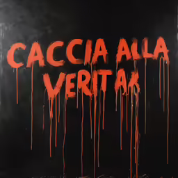 the words caccia alla verita written in red and blood