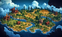 the island in the sky with many buildings and trees