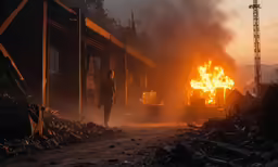 a person standing in front of a fire coming out of a building