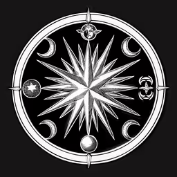 a compass that is sitting inside of a black circle,a star with four phases on the side